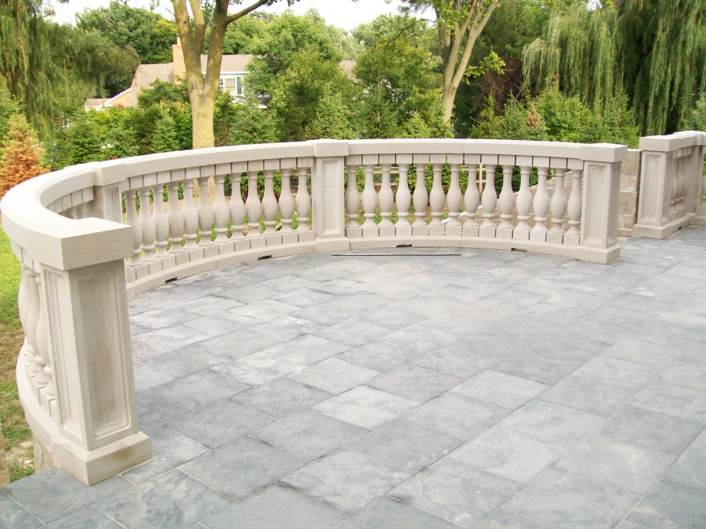 Indiana limestone balusters on residential balcony, custom fabricated by Tulip Precast, Brampton Ontario